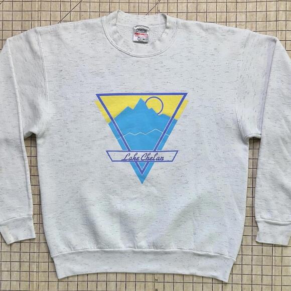 Vintage 90s Heather Gray Lake Chelan Washington Sweatshirt Crewneck Sz XL Oneita - Picture 1 of 9
